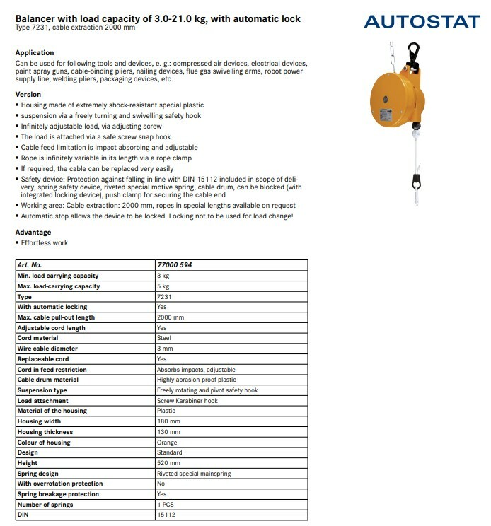 AUTOSTAT ZERO GRAVITY TOOL BALANCER 7231-01, LOAD RANGE CHARGE 3.0-5.0KG