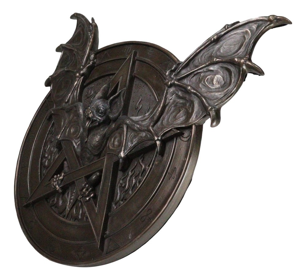 Gothic Nosferatu Bat Pentagram With Hell Fire Alchemy Symbols Wall Decor Plaque