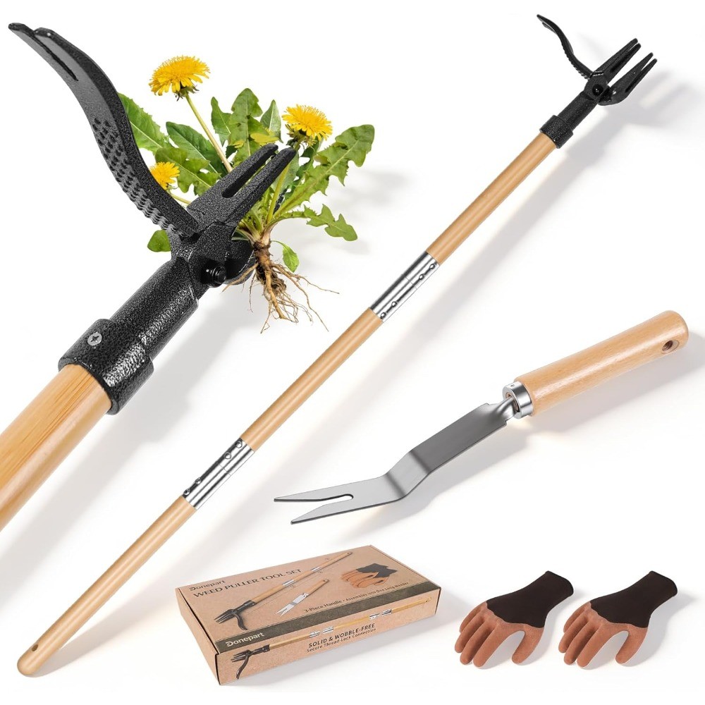 46" Stand Up Weed Puller, Long Handle Root Remover with Hand Weeder