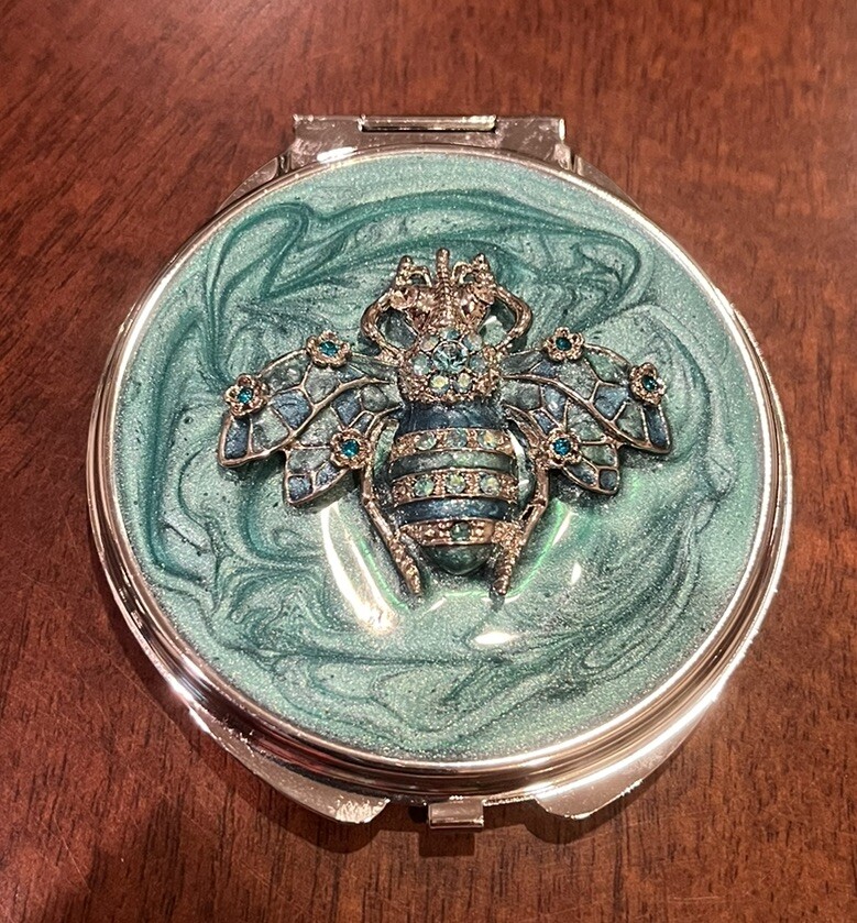 Double Mirror Compact With Bee Teal Rhinestones, New In Box