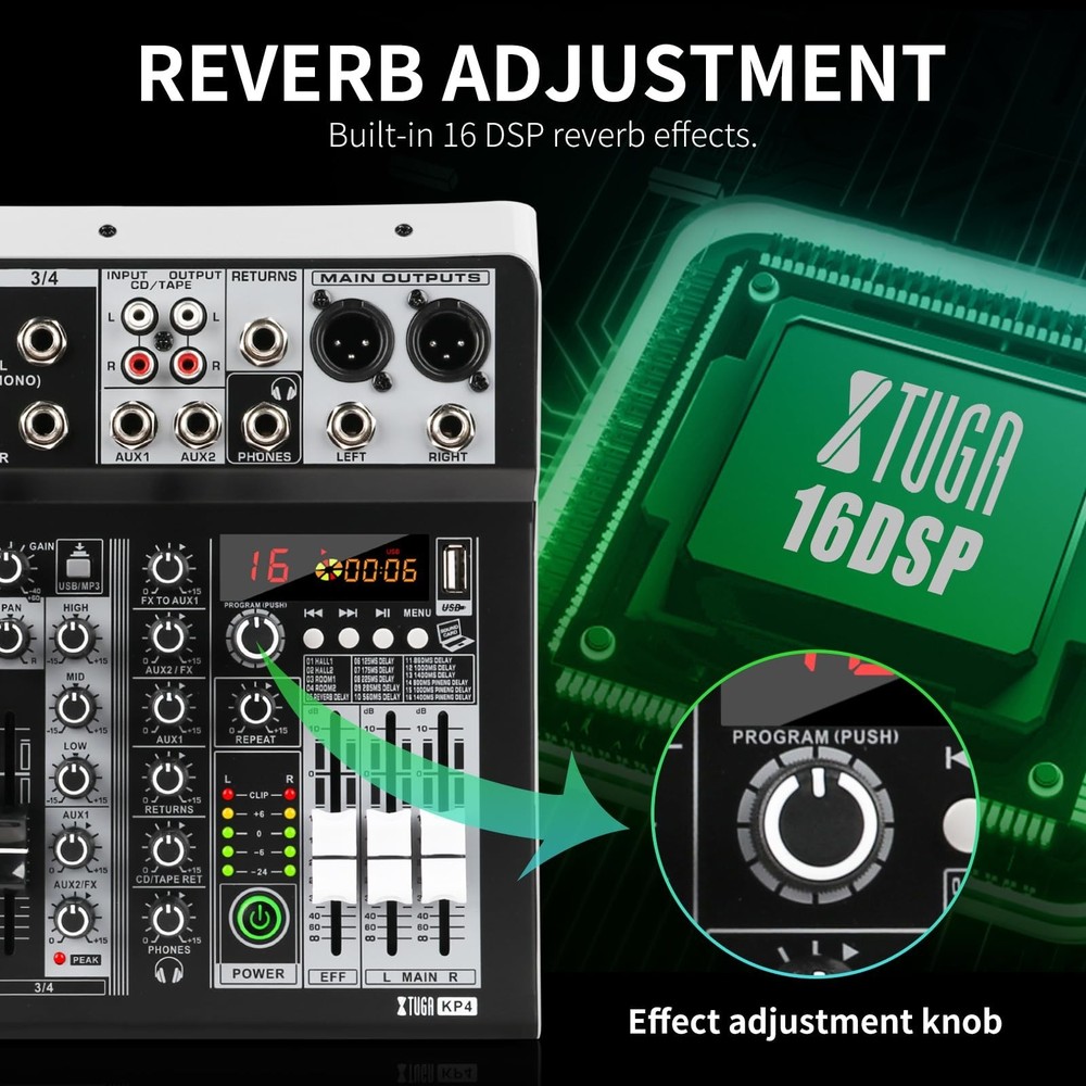 XTUGA KP4 4 Channel Audio Mixer, 16-Bit DSP Effect USB Audio Interface Effect...