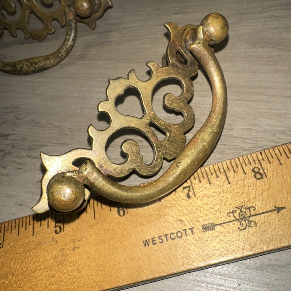 Antique Brass Drop Handle Drawer Cabinet Pulls. Nice Patina & Details Elegant!