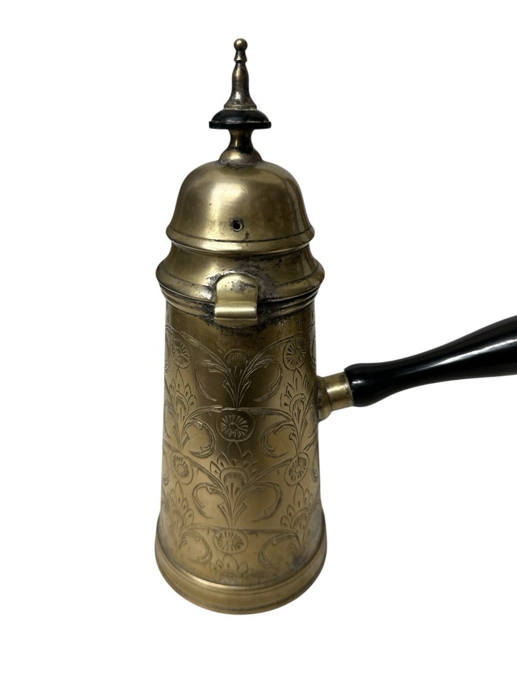 vintage Middle Eastern brass Dallah coffee pot with a long black handle