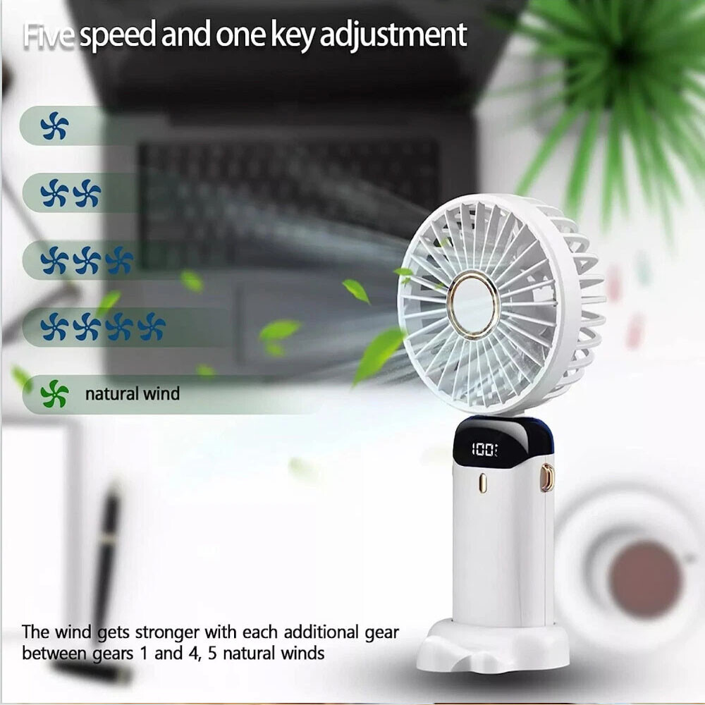 White Mini Handheld Fan USB Rechargeable Digital Display,5 Wind Modes,Foldable