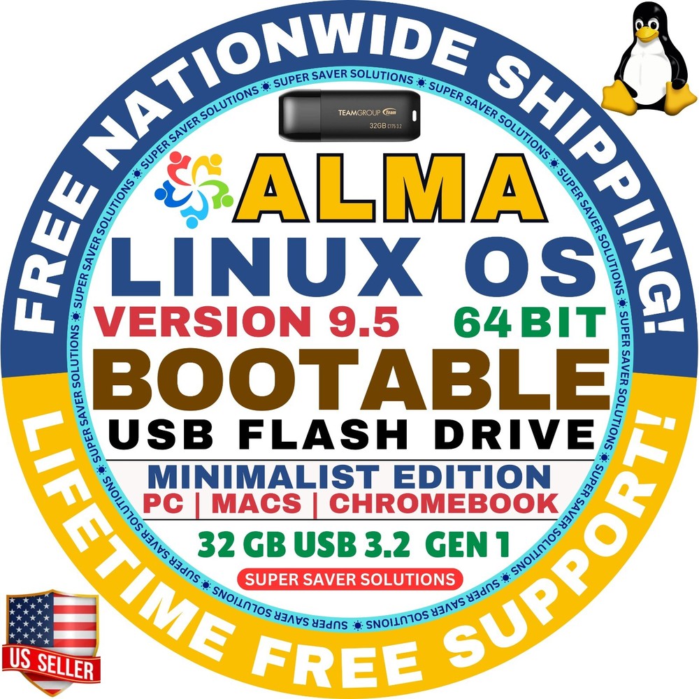 AlmaLinux 9.5 USB Flash Drive | MINIMAL EDITION | AMD64 for MAC, PC Alma Linux