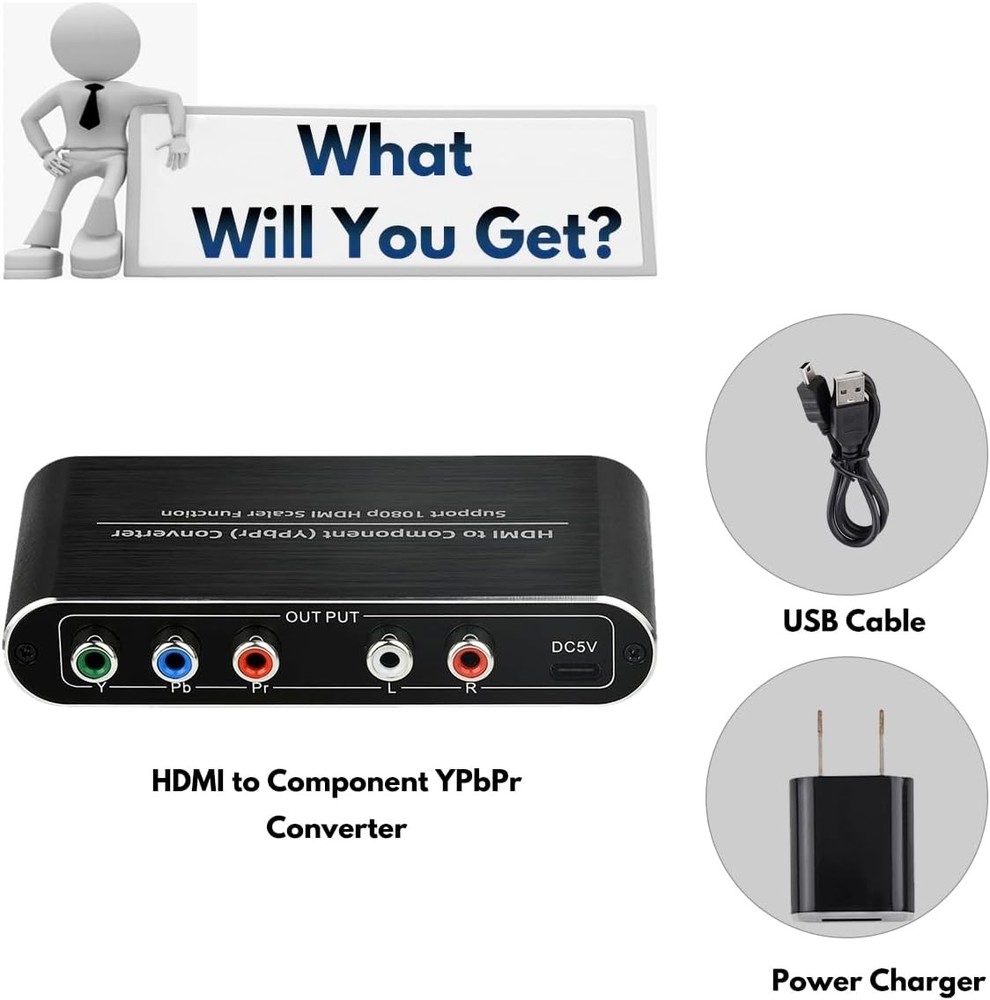 HDMI to Component Converter with Scaler Function, YPbPr 5RCA Black