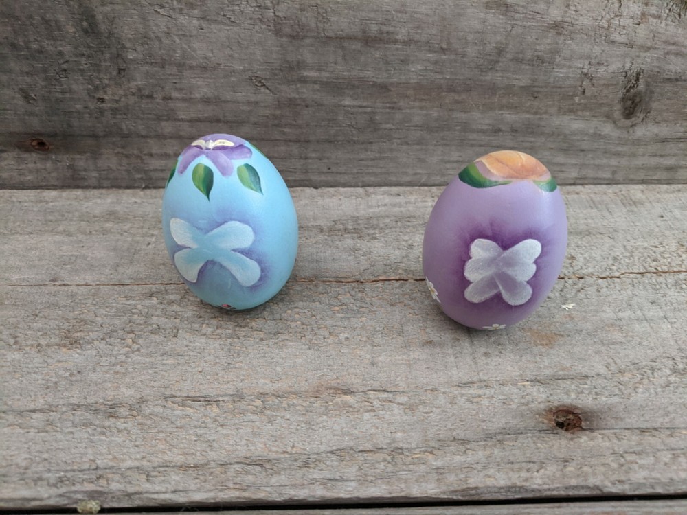 Pair of Hand Painted Wooden Spring Time Easter Eggs