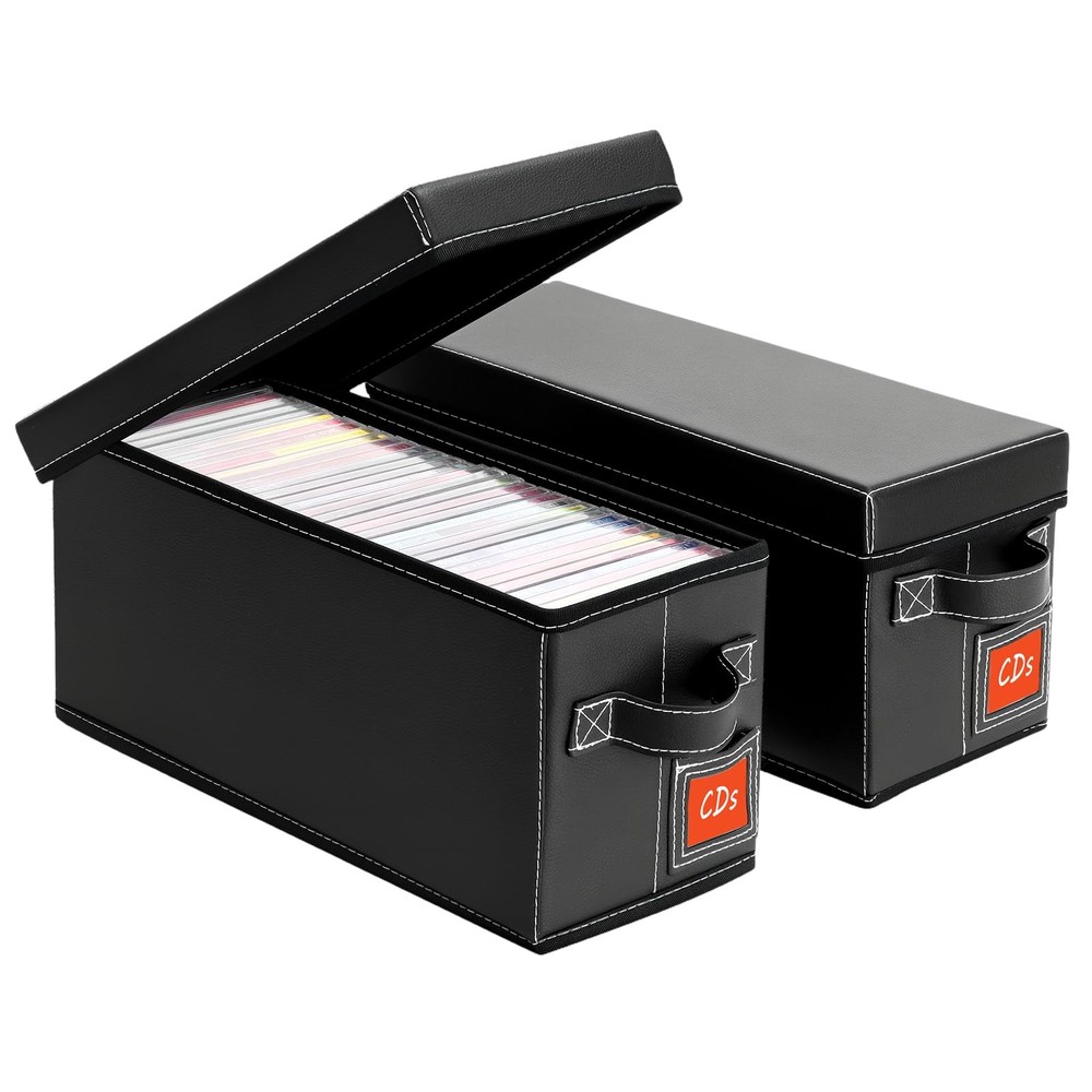 CD Storage Case with Lid & Handle Faux Leather Stackable with Label Slot 2Pk Blk