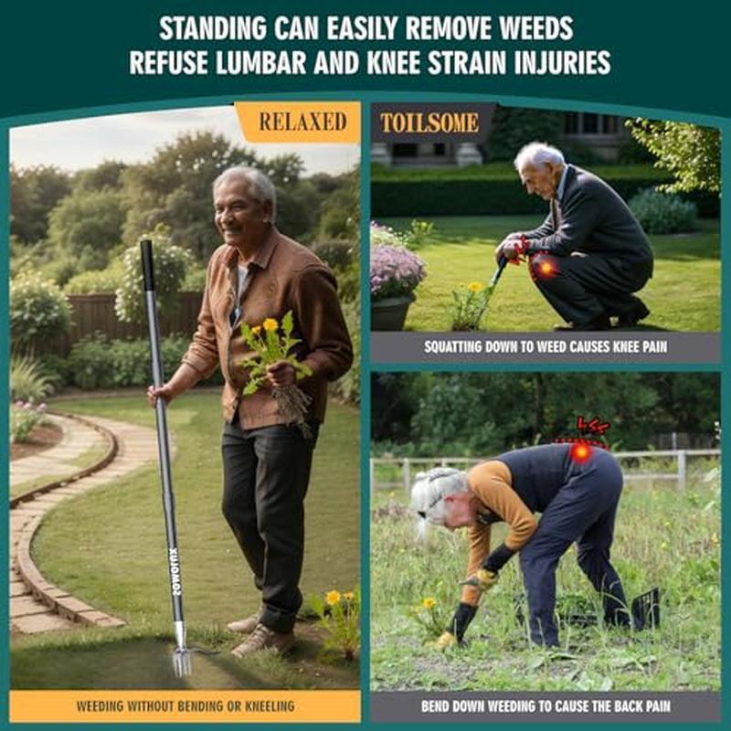 Stand-Up Weed Puller Tool Metal Handle Stainless Steel Claws No Bending Weeding