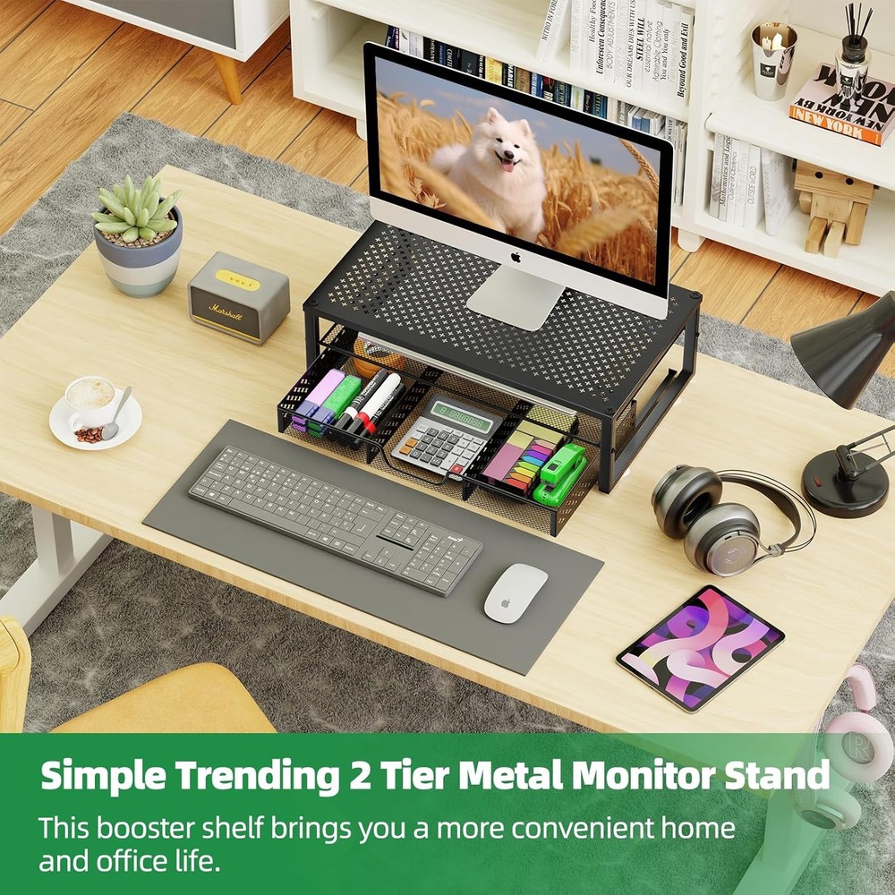 Monitor Stand Riser Metal Computer Desk Organizer Laptop Computer 2 Tier Black