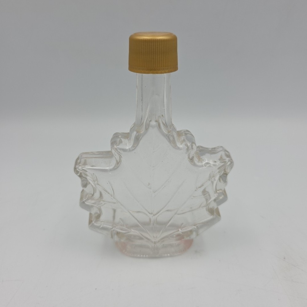 Vtg Maple Leaf Clear Glass Syrup Bottle w/Top Cap Lid Front Embossed Jar Empty