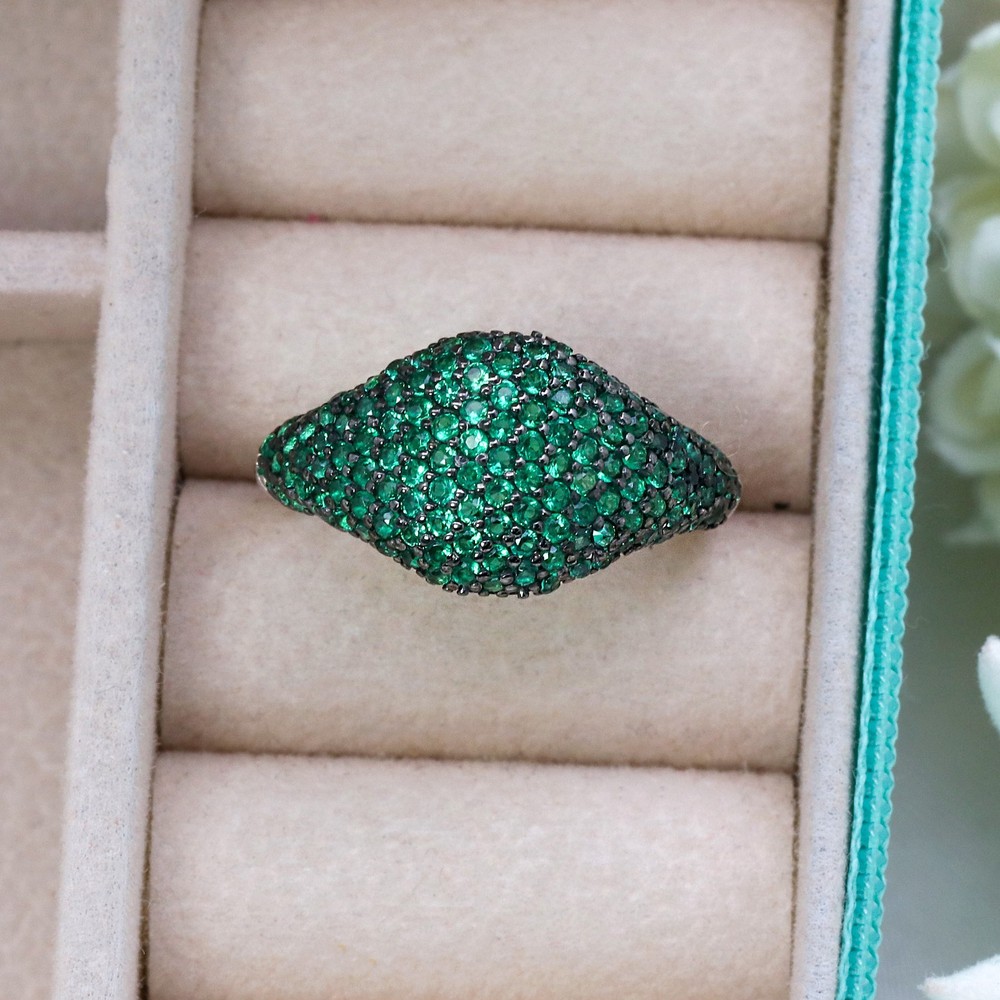 925 Sterling Silver Lab Created Emerald Pave Ring, Dome Statement Ring for Women