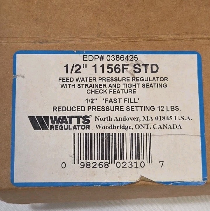 Watts Feed Water Pressure Regulator Valve 1/2" 1156F STD Fast Fill New Open Box