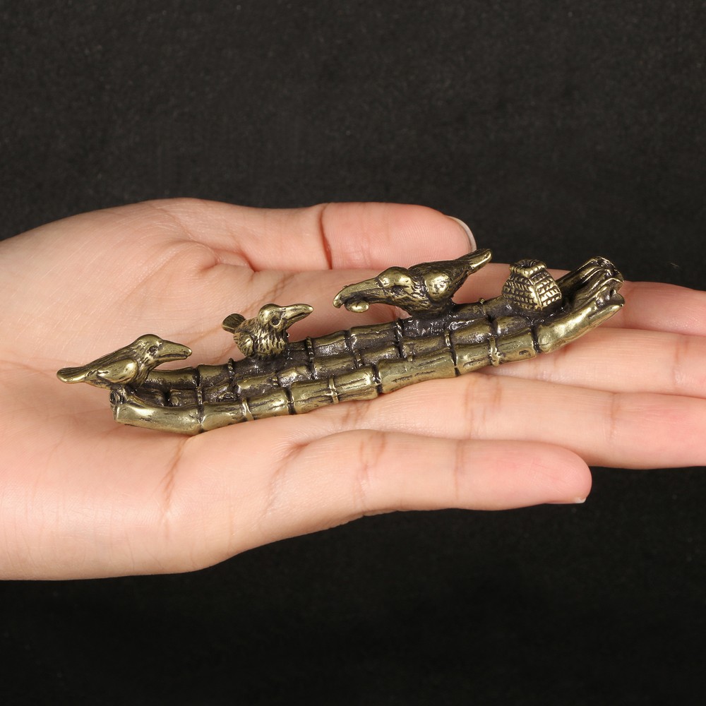 Antique Brass Solid Bamboo Raft Bird Language Fish Basket Incense Burner Tea Pet