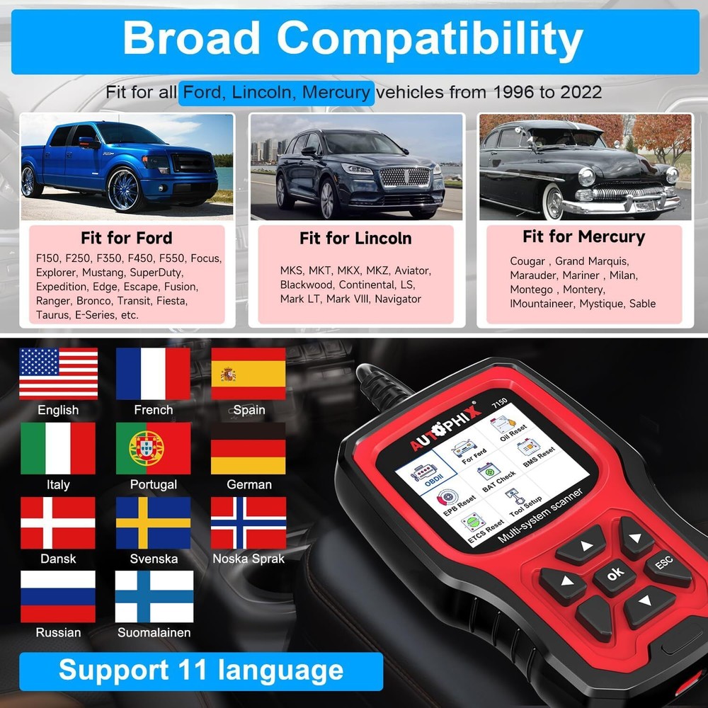 Fit For Ford OBD2 Scanner Full System Code Reader ABS SRS Reset Diagnostic Tool