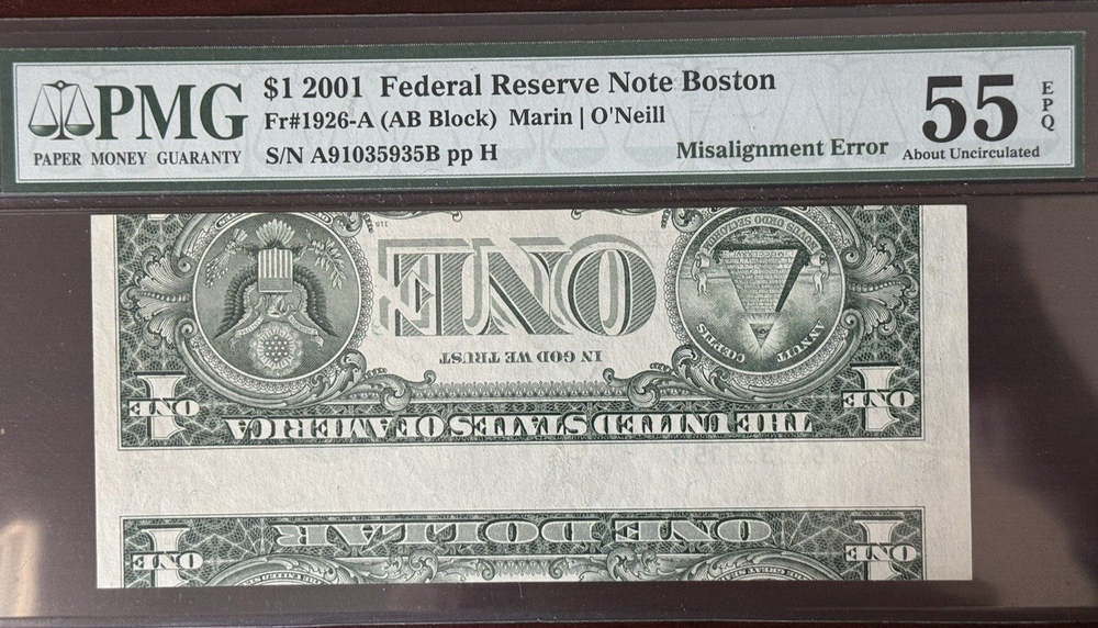 RARE DOUBLE ERRORS 2001 BOSTON $1 MISALIGNED and INVERTED BACK ERRORS PMG55 EPQ