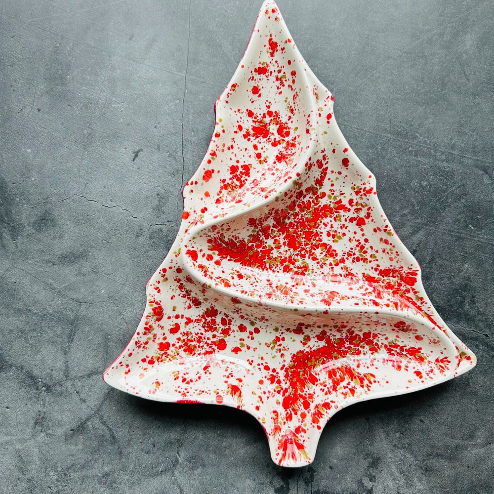 Red and White Speckled Ceramic Christmas Tree Divided Nut Candy Dish 11.5"
