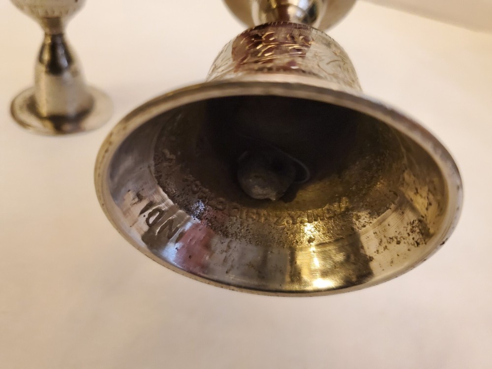 ANTIQUE INDIAN DINNER BELL/CANDLESTIK HOLDERS SET - PRE OWNED