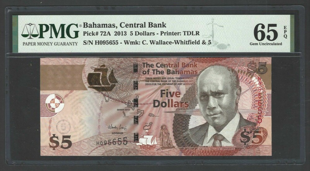 Bahamas 5 Dollars 2013 P72A Uncirculated Graded 65