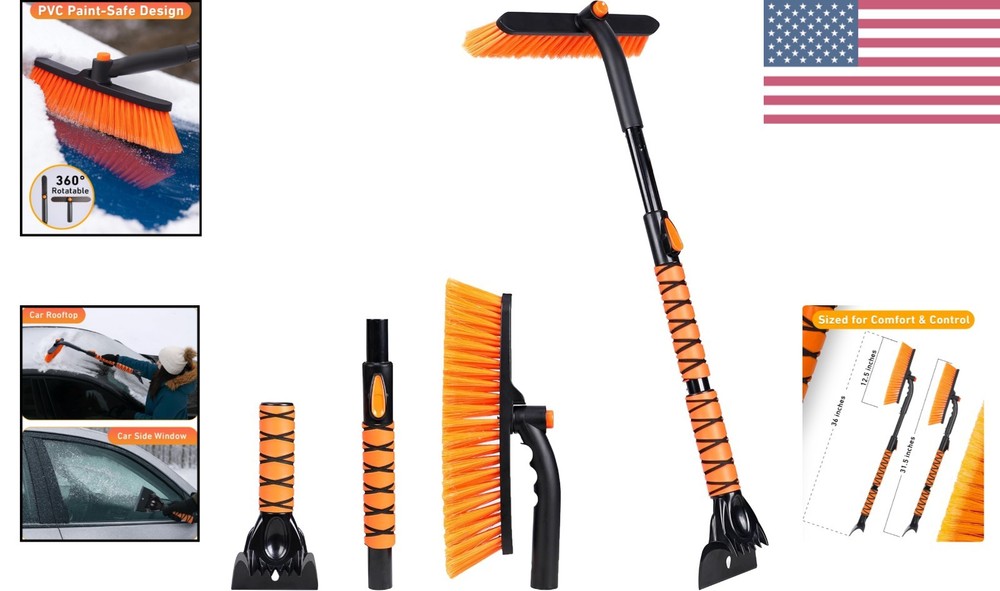 Compact 36” Snow Brush with Telescopic - 360° Rotating Ice Scraper