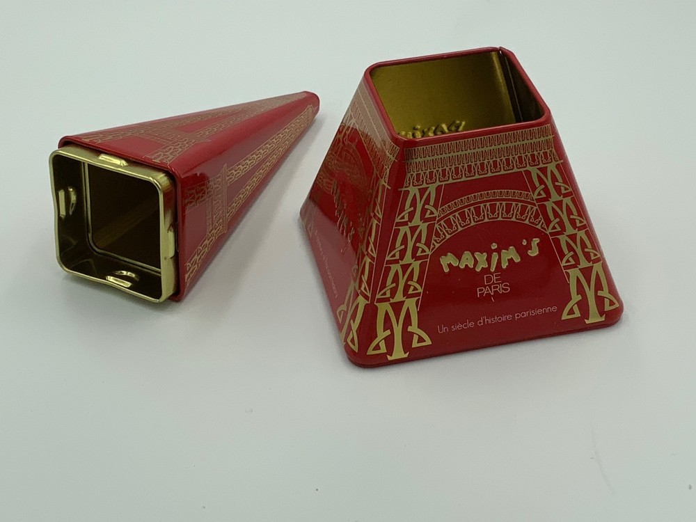 MAXIM’S DE PARIS Eiffel Tower Metal Tin Storage Red Container used EMPTY