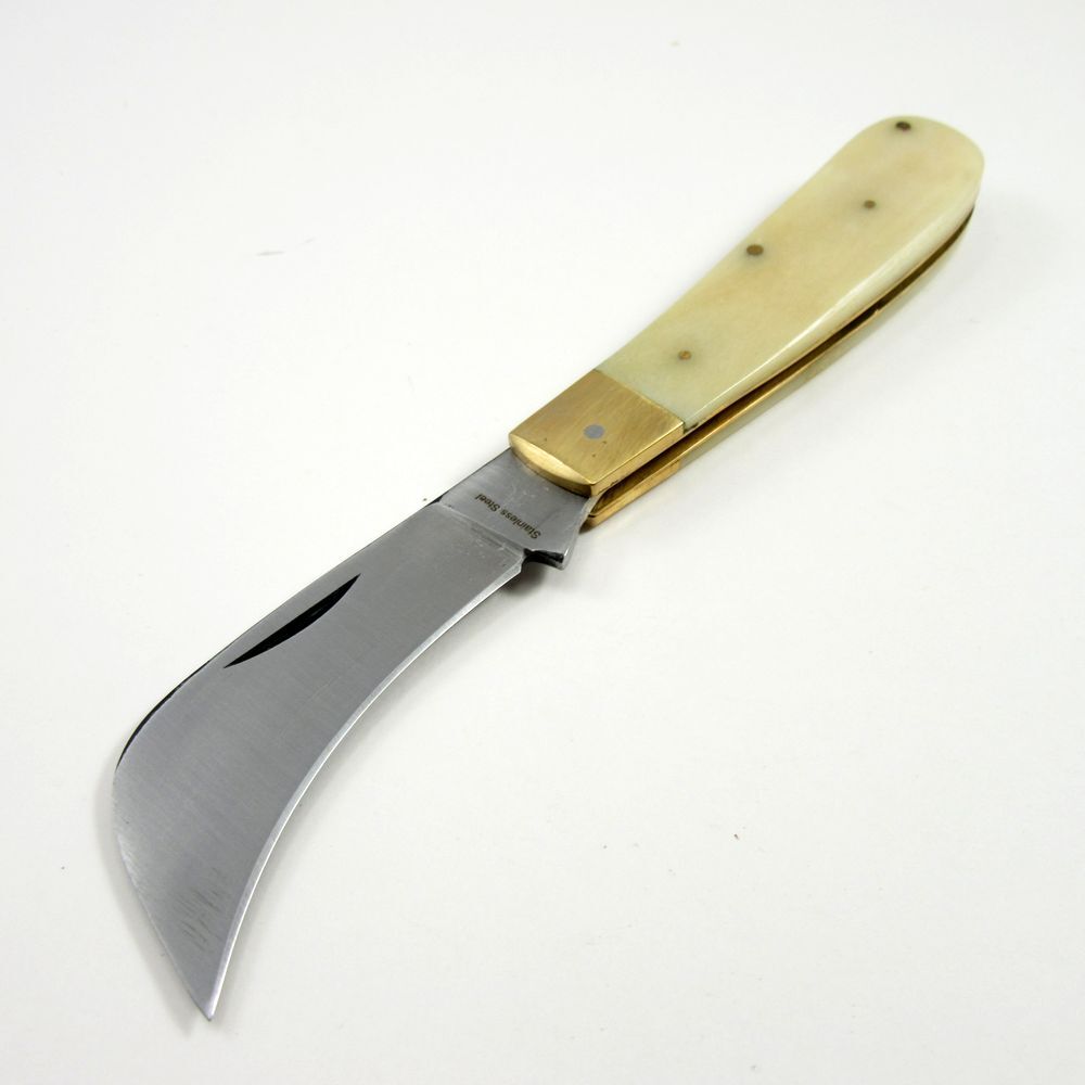 FOLDING POCKET KNIFE | 4" Rite Edge Hawkbill Blade White Bone + Brass Handle