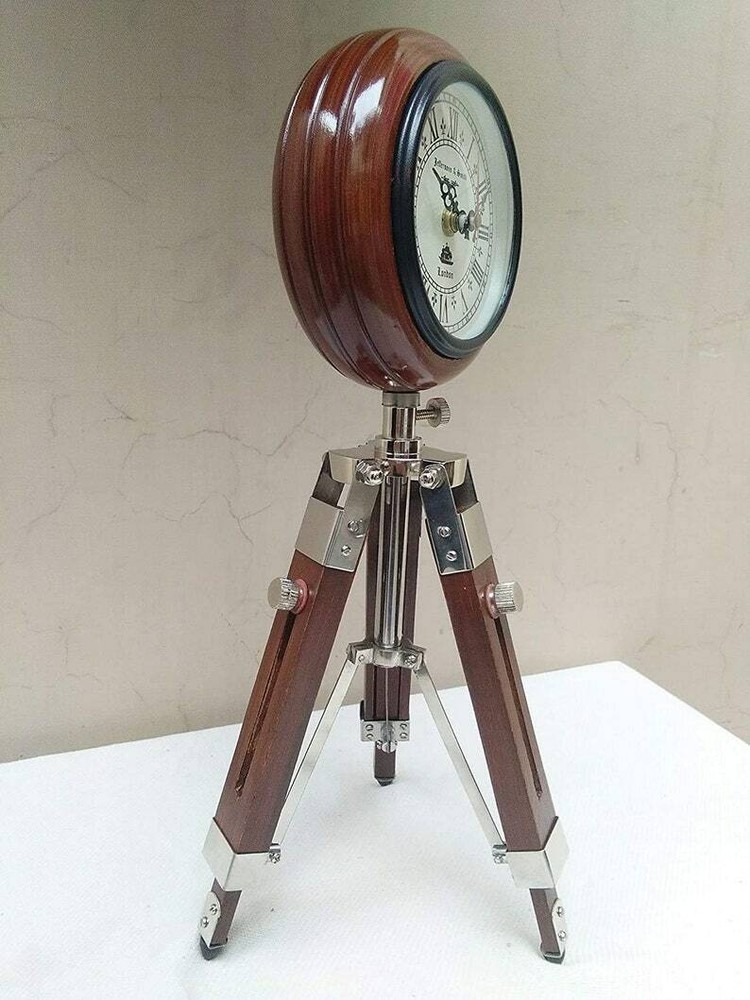 Wooden tripod stand antique look clock.