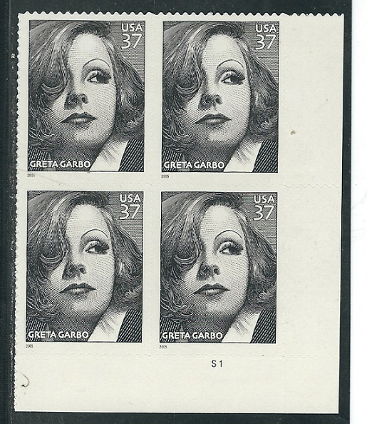 Scott #3943... 37 Cent....Greta Garbo...Plate Block