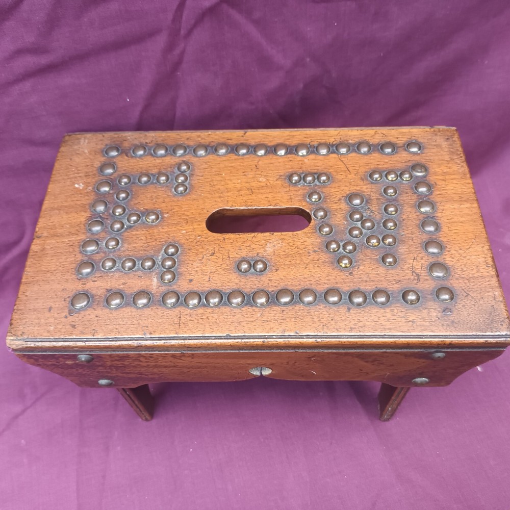 Small Antique Treen Studded Cracket style Stool marked 'E W'