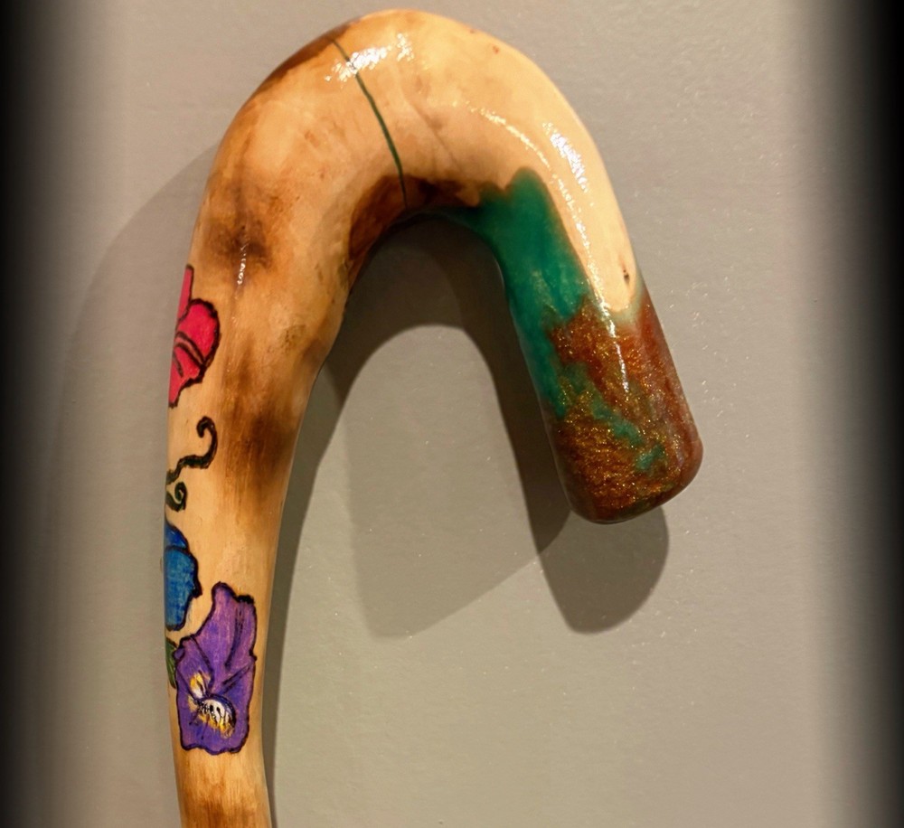 41” Walking CANE With Morning Glory Pyrography Handmade & Finished 🇺🇸