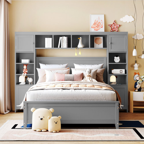 Solid Wood Platform Bed Frames with Storage Drawers All-in-One Cabinet and Shelf
