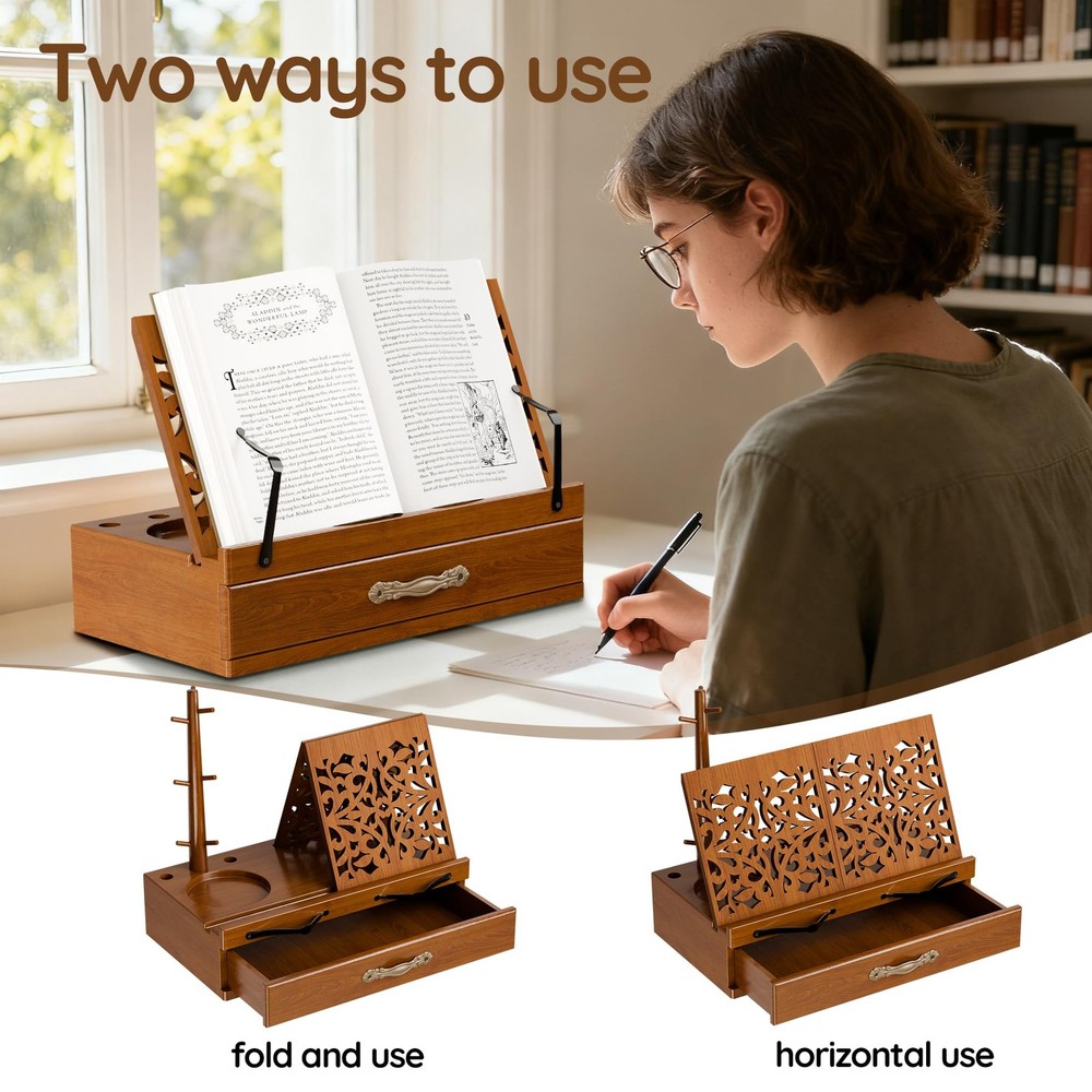 Adjustable Wooden Book Stand with Storage - Multi-Function Hands Free Book Ho...