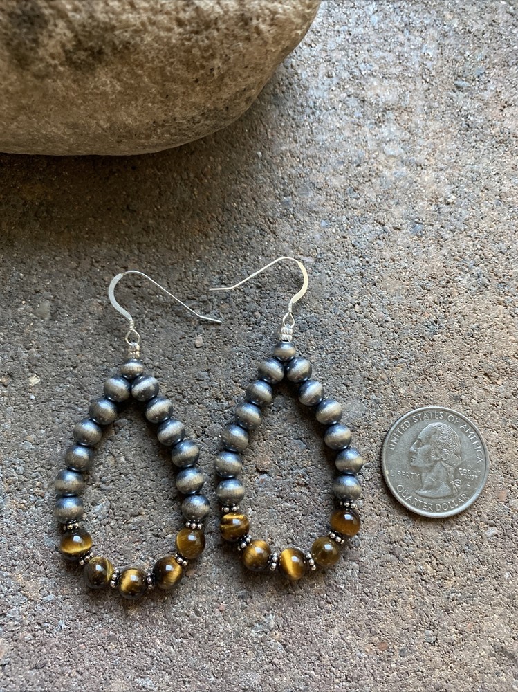 Sterling Silver Tiger’s Eye W Pearls Bead Loop Earrings.