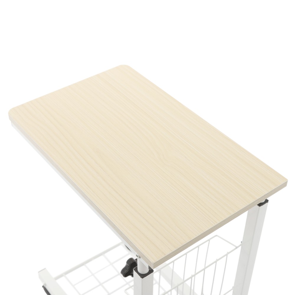 2 Tiers Adjustable Bed Side Table Thickened Mobile Standalone Table w/ Wheels