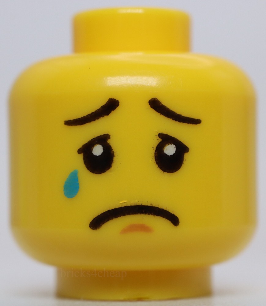 Lego Head Huge Grin White Pupils Eyebrows Sad with Tear Concave Eyebrows