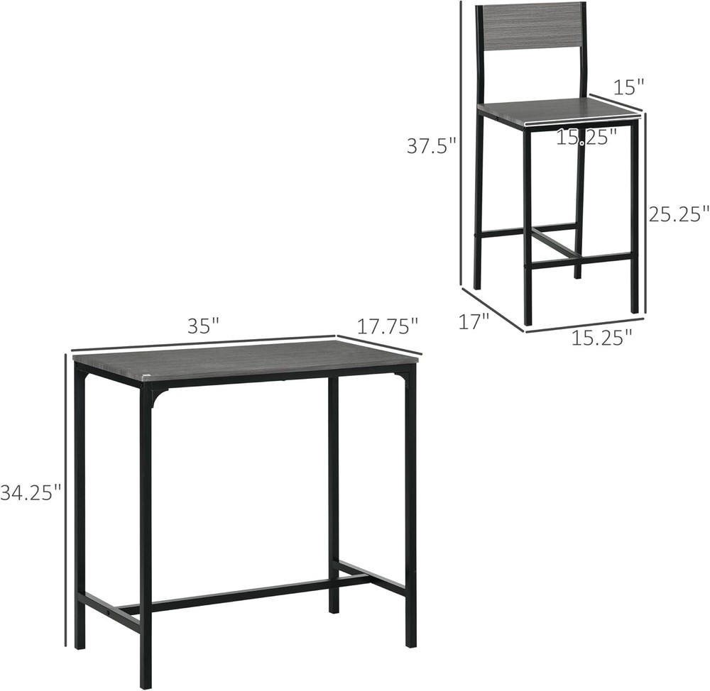 3 Piece Bar Table & Chairs Industrial Dining Table Set 2 Counter Height Kitchen