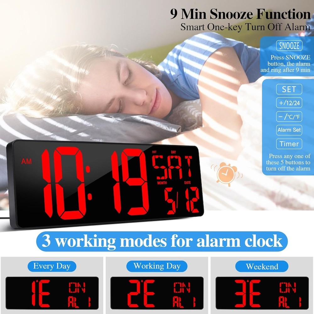 Large Digital Wall Clock with Remote Control 17.2" LED Large Display Timer
