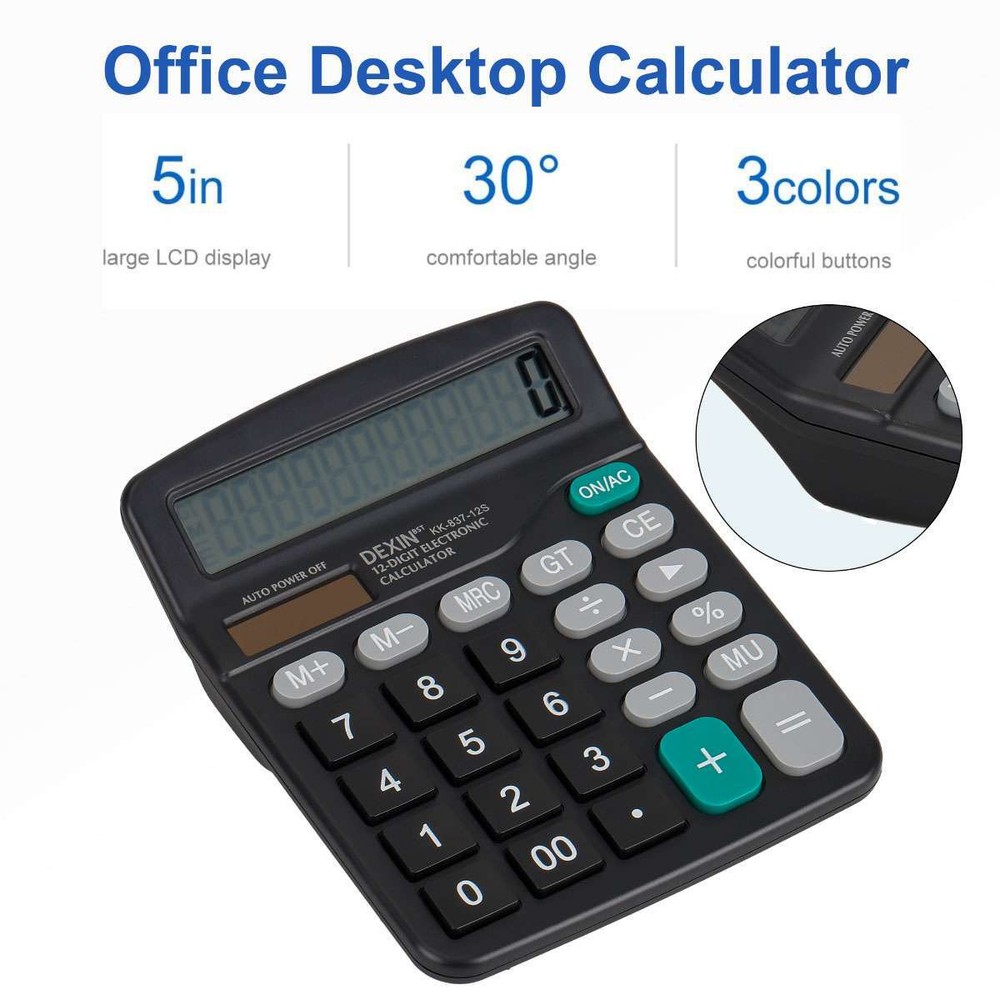 12-Digit Desktop Calculator Solar Battery Big Button Dual Power Large Display