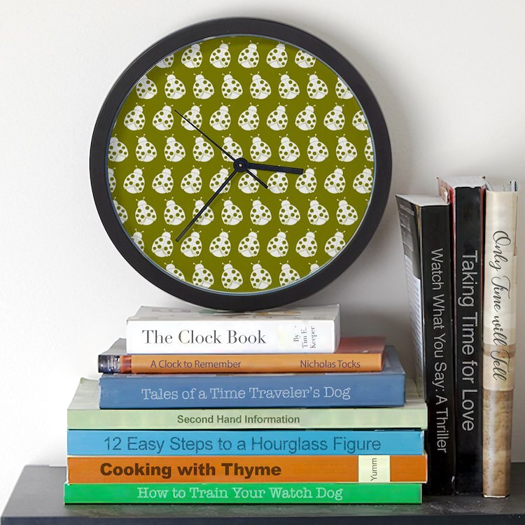 CafePress Olive And White Cute Ladybugs Pattern 10" Wall Clock (1492599660)