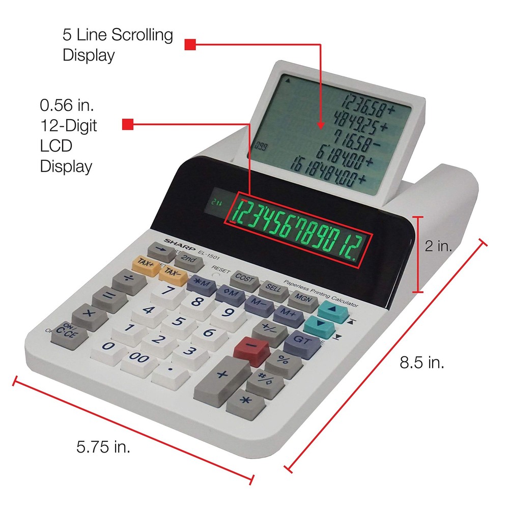 El-1501 Compact Cordless Paperless Large 12-Digit Display Desktop Printing Ca...