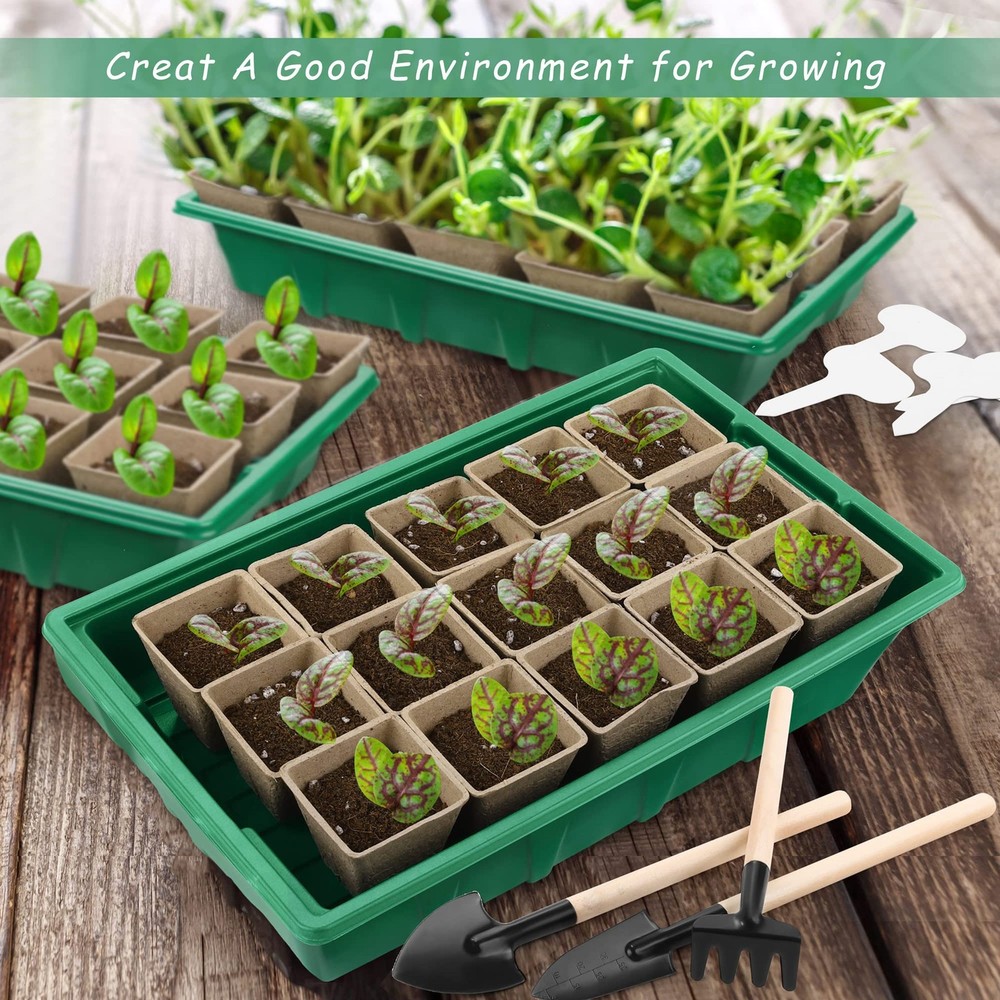 4 Pack Seed Starter Tray Kit, 120 Square Seed Peat Pots for Seedlings with Pl...