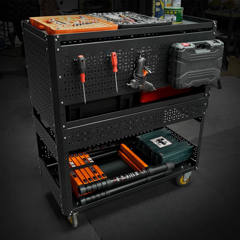 3-Tier Steel Pegboard Foldable Rolling Tool Cart Wheel Garage Organizer Storage