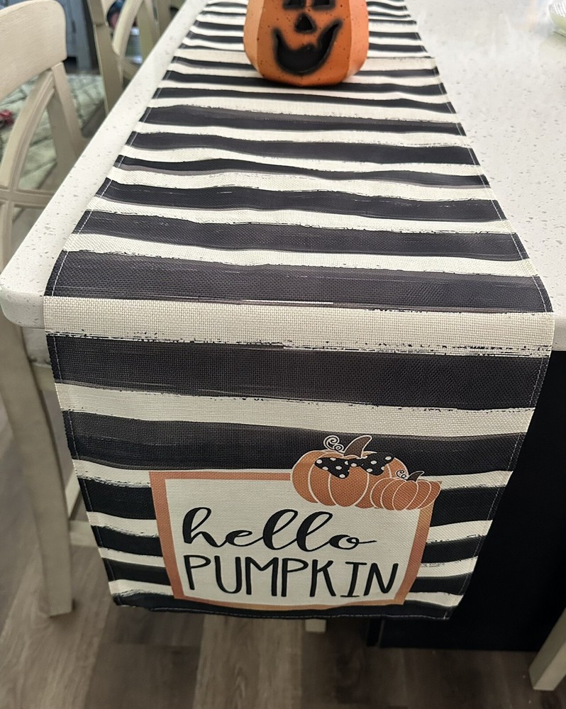 Fall Table Runner HELLO PUMPKIN Autumn Farmhouse Stripe Burlap