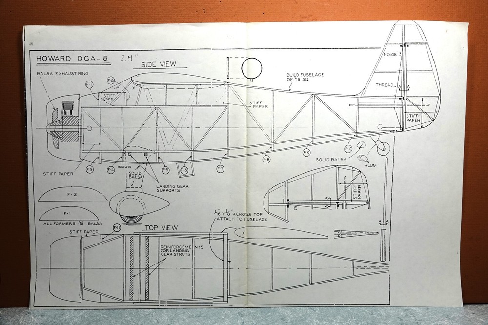 HOWARD DGA-8 BALSA FREE FLIGHT MODEL AIRPLANE PLANS 24" WINGSPAN