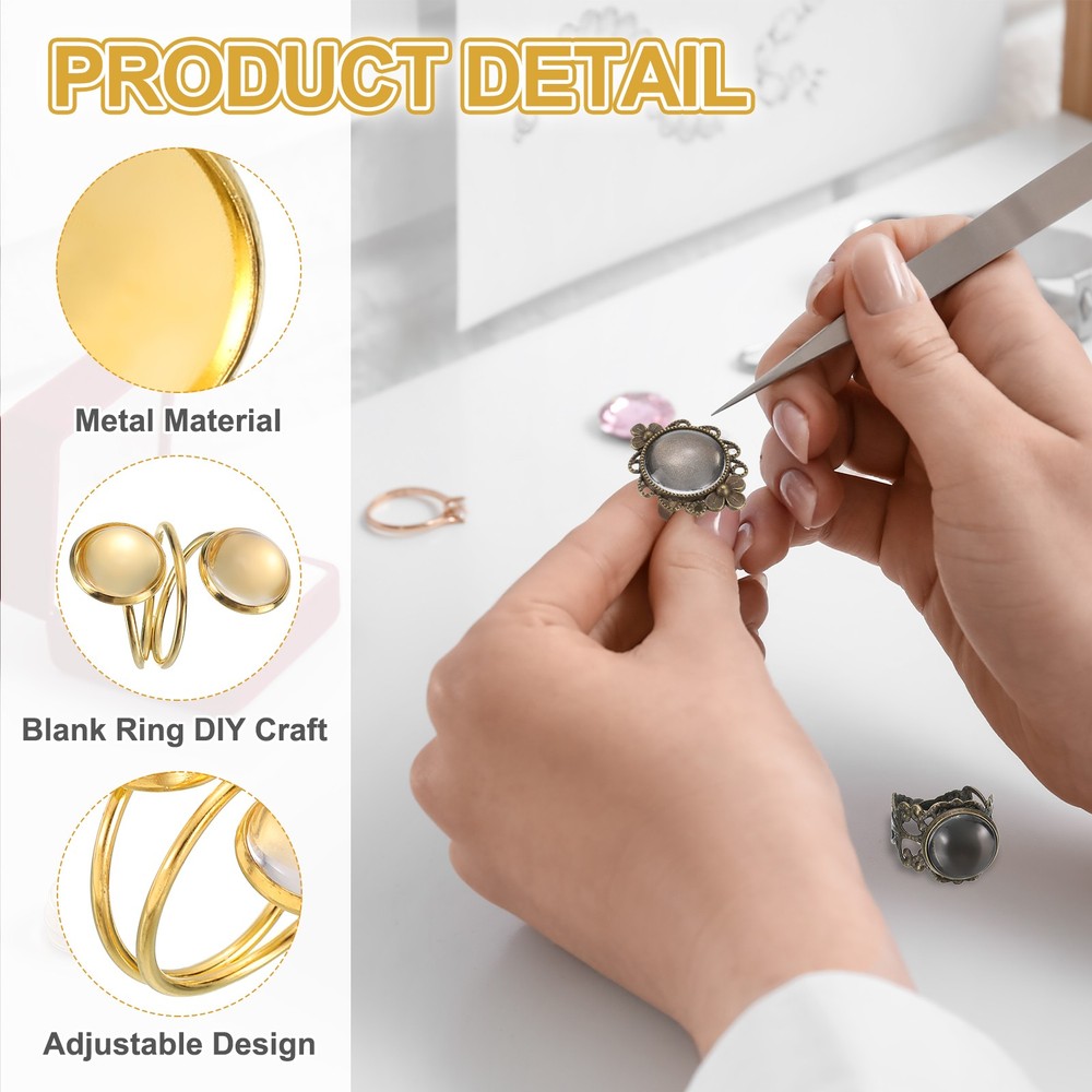 10Pcs Ring Base Blank, 12mm Ring Blank Base with 20Pcs Cabochon(Gold)