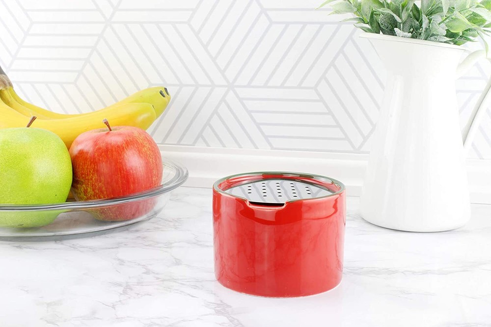 Fruit Fly Traps 2pk; Empty Ceramic Red Fly Gnat Catchers w/ Vented Lids