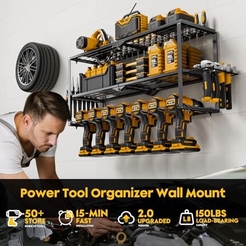 Power Tool Organizer Wall Mount - 150Lbs 7 Drill Holders 3 Layer Heavy Duty