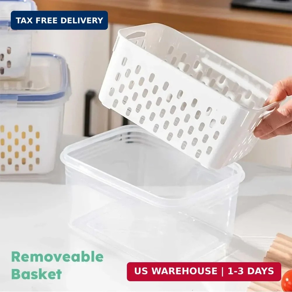 2 Pack Fruit Storage Containers for Fridge with Removable Colanders, Dishwasher