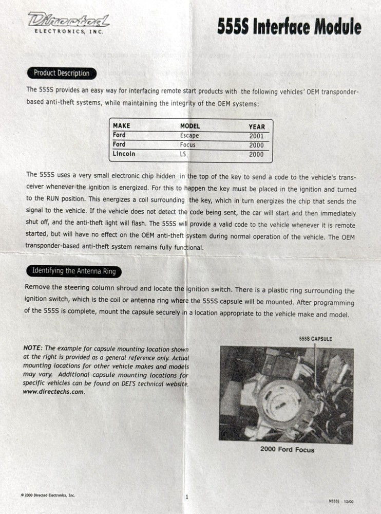 NEW Directed 555SW Ford Remote Start Interface Module for Select Early 2000's