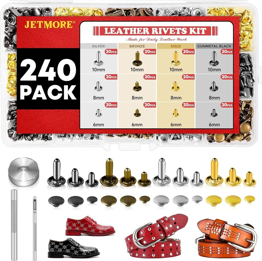 Durable 240 Set Leather Rivets in Brass - Includes Setting Tools & Storage